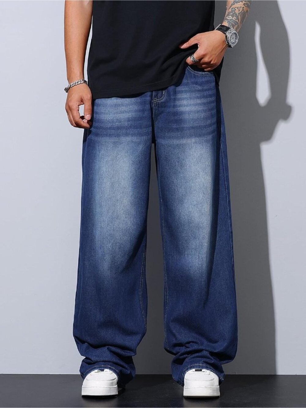 Men's Dark Blue Wide Leg Loose Fit Hip Hop Streetwear Denim Pants Baggy Jeans - Picture 6 of 6